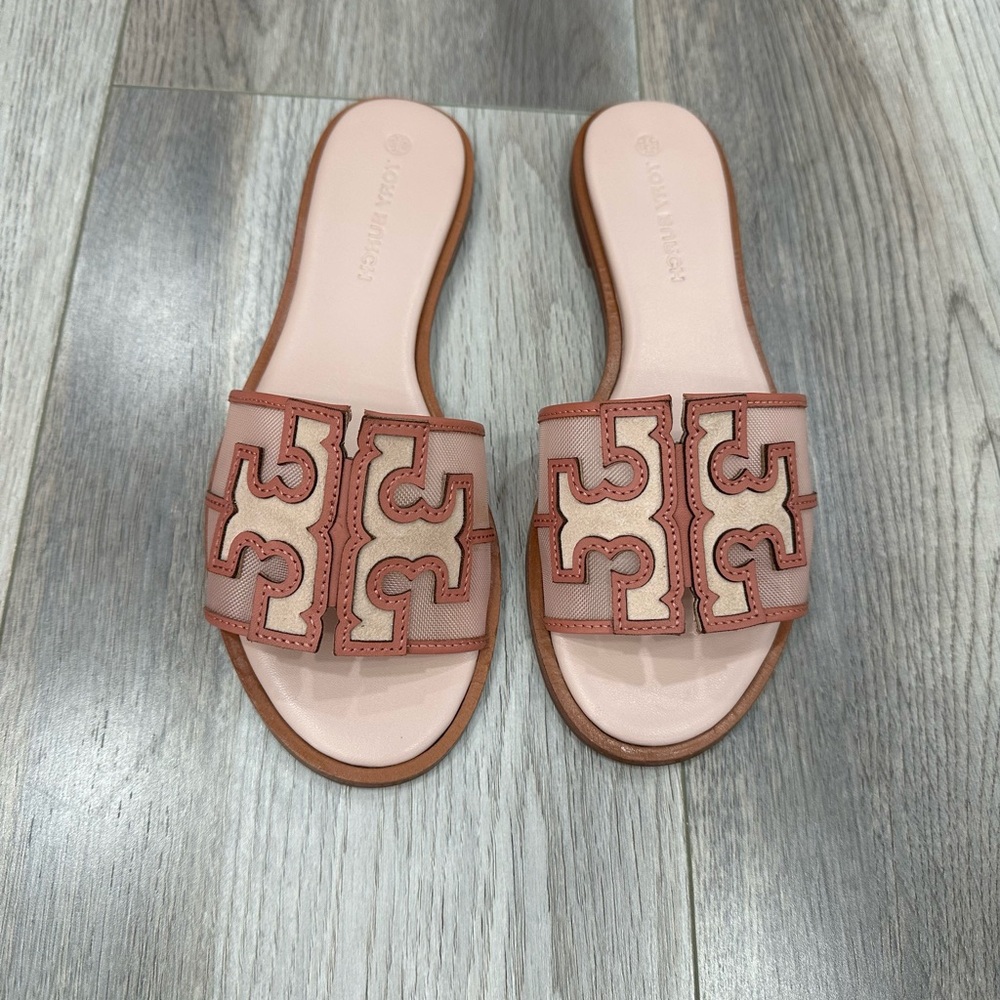 Tory Burch Pink and Tan Slide Sandals